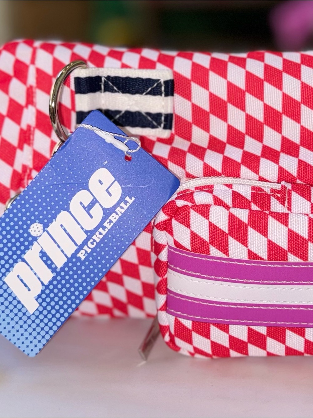 Prince Red Checkered Accessory Pouch with Pink Stripe pickleball